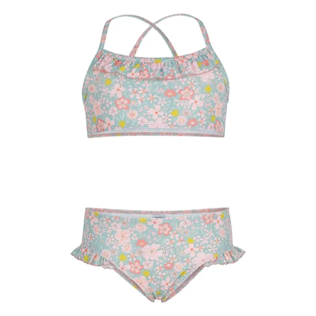 Traje de baño de 2 piezas con volantes florales | Azul Gris