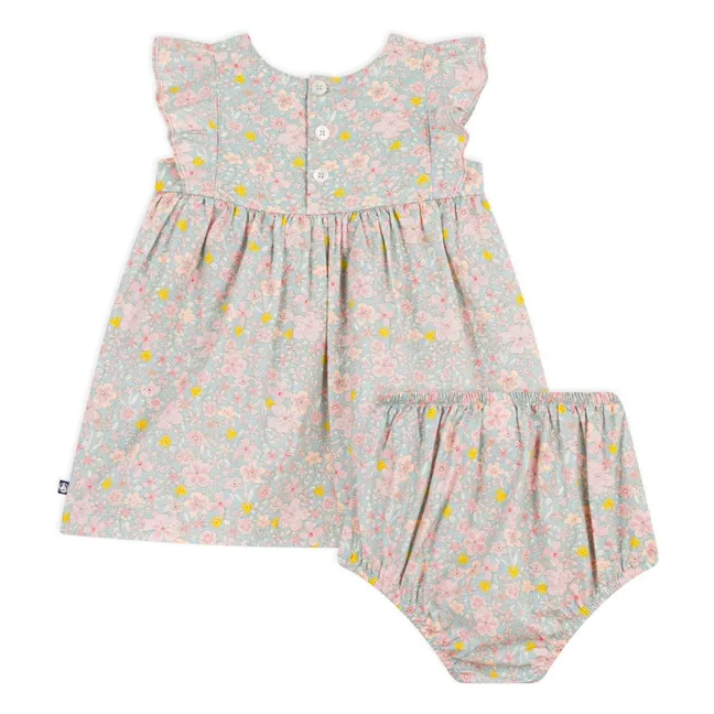 Organic cotton floral dress and bloomer set | Grey blue