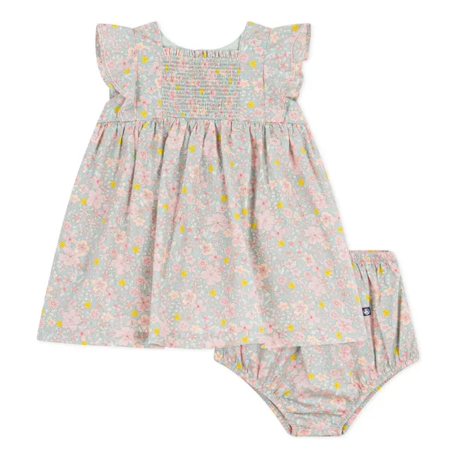 Conjunto de vestido floral y bloomer de algodón orgánico | Azul Gris