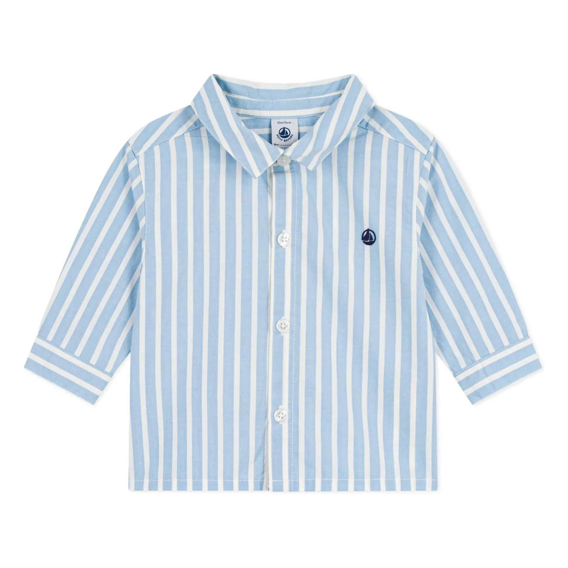 Petit Bateau Boys Blue Organic Cotton Poplin Logo Striped Shirt