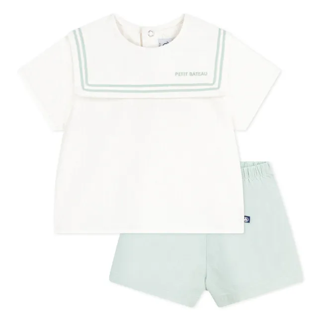 Conjunto de top con cuello marinero y pantalón corto de lino | Salvia