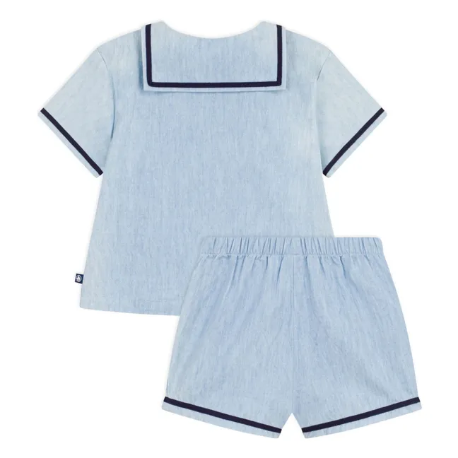 Ensemble Top Col Vareuse et Short Chambray | Bleu Clair