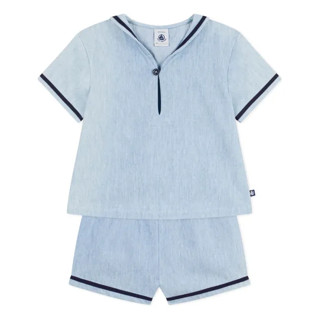 Ensemble Top Col Vareuse et Short Chambray | Bleu Clair