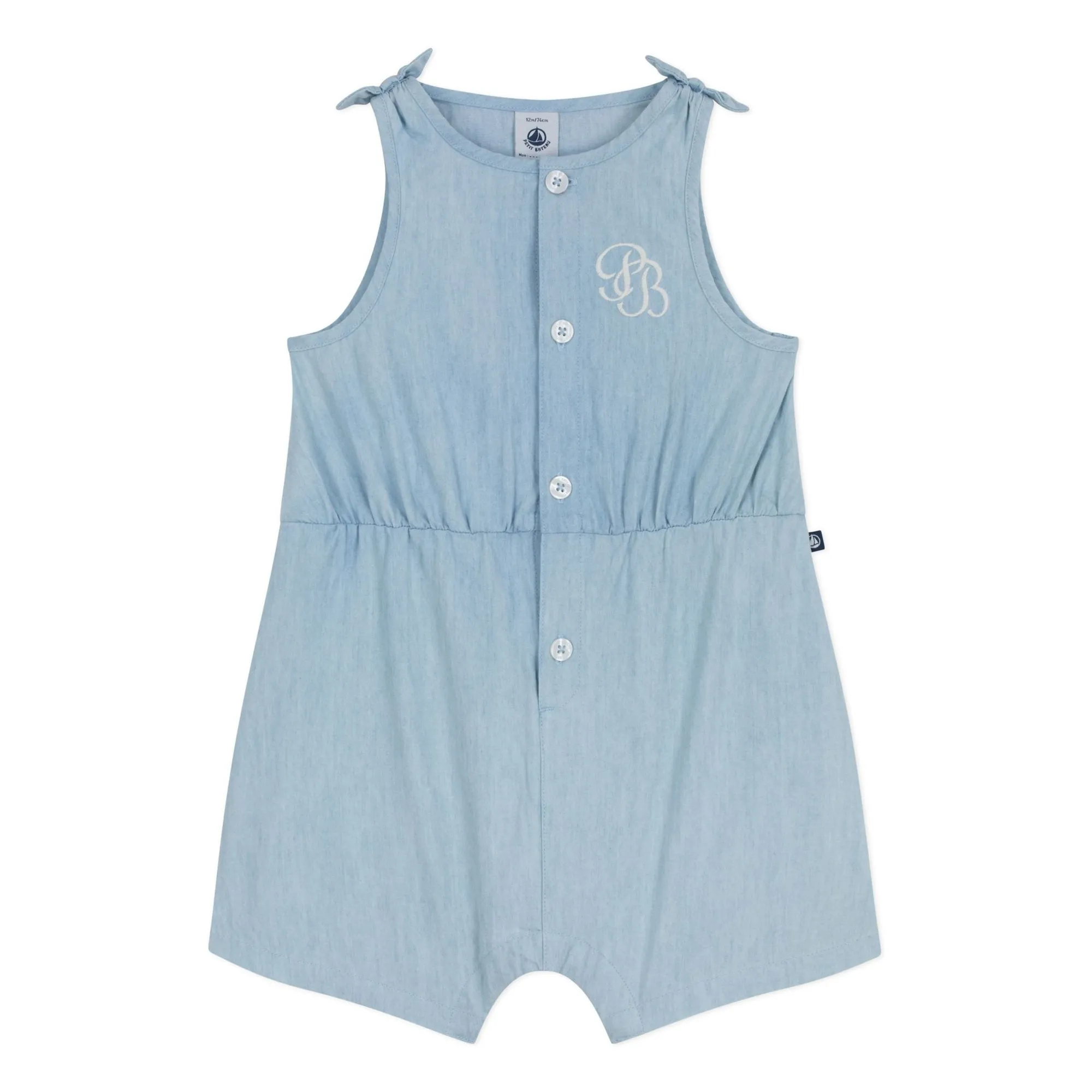 Petit Bateau Girls Light Blue Chambray Knot Playsuit