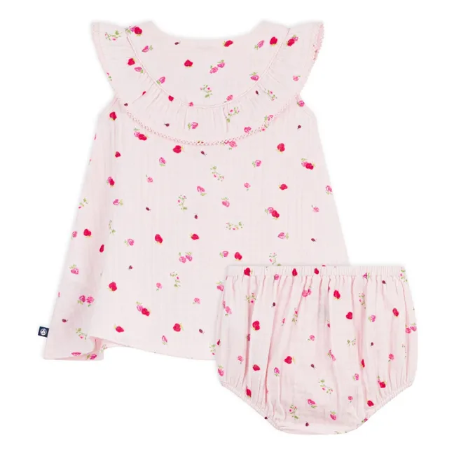 Conjunto de vestido y bloomer floral de gasa de algodón orgánico | Rosa
