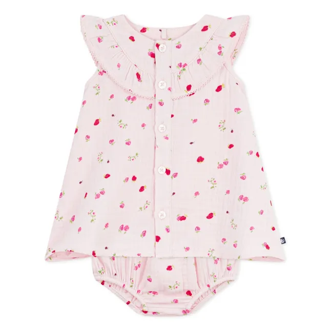 Conjunto de vestido y bloomer floral de gasa de algodón orgánico | Rosa