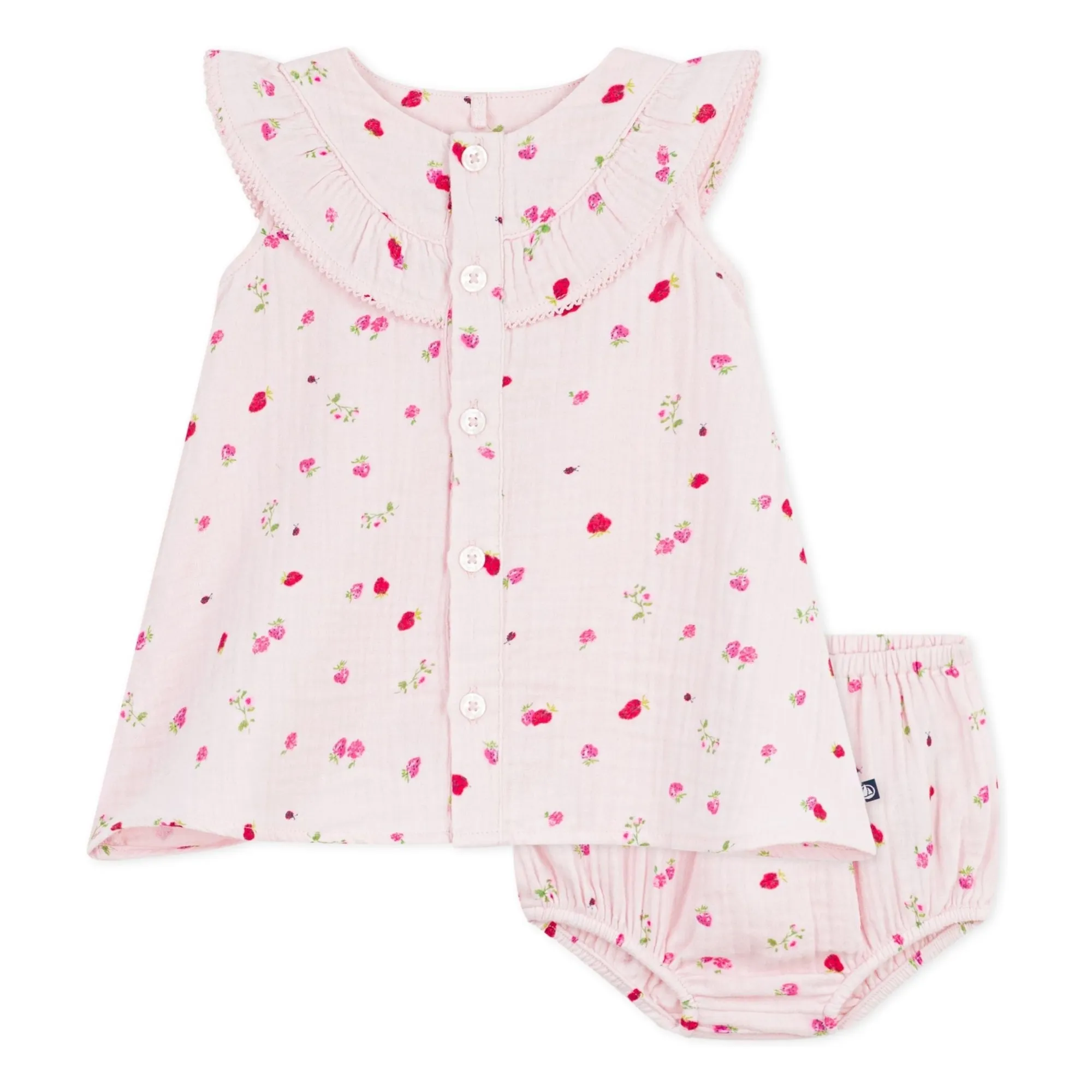 Petit Bateau Girls Pink Organic Cotton Gauze Floral Dress And Bloomer Set
