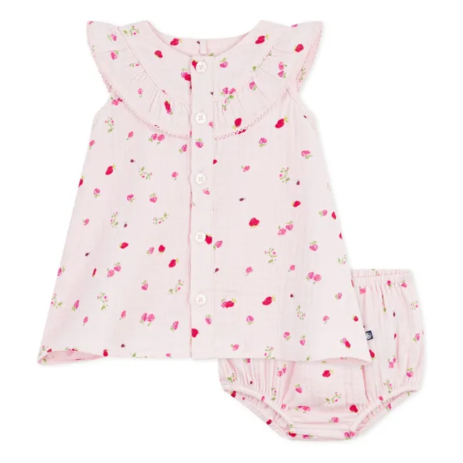 Conjunto de vestido y bloomer floral de gasa de algodón orgánico | Rosa