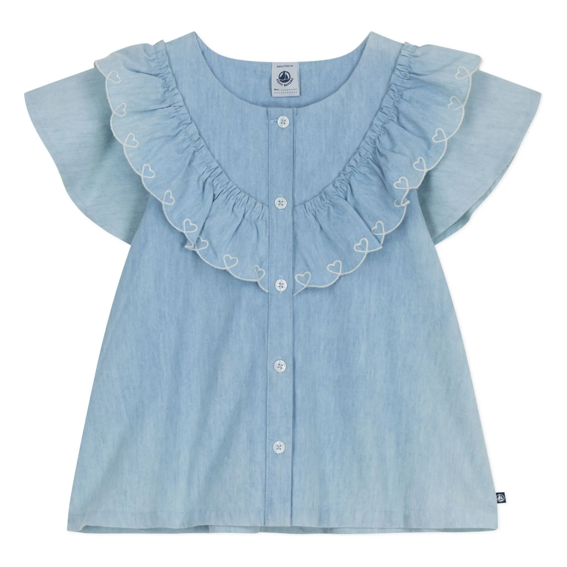 Petit Bateau Girls Light Blue Shirred Blouse Chambray Organic Cotton