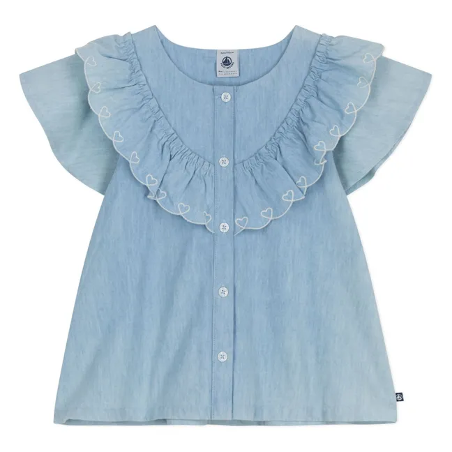 Blouse Froncée Chambray Coton Bio | Bleu Clair