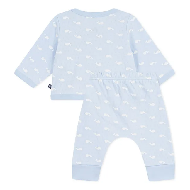 Ensemble Cache-Cœur et Pantalon Baleines Tubique Coton Bio | Bleu Clair