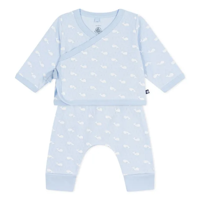 Ensemble Cache-Cœur et Pantalon Baleines Tubique Coton Bio | Bleu Clair