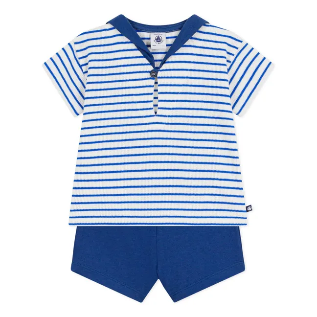 Ensemble T-shirt et Short Nid d'Abeille Coton Bio | Bleu