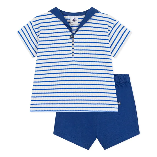 Ensemble T-shirt et Short Nid d'Abeille Coton Bio | Bleu