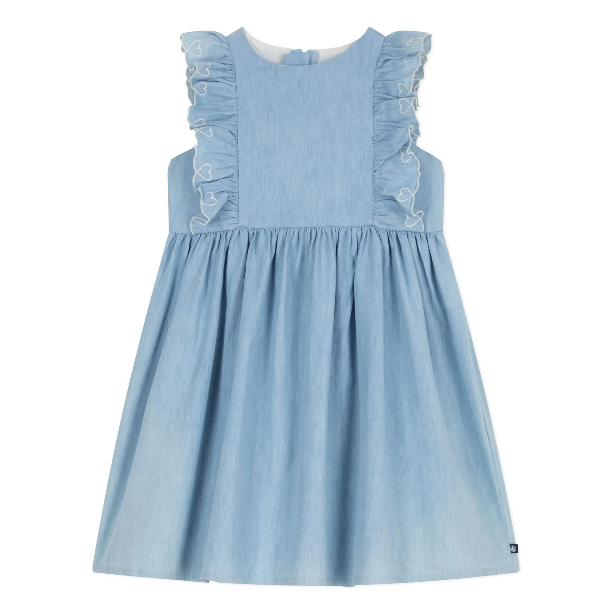 Petit Bateau Girls Light Blue Chambray Ruffle Dress
