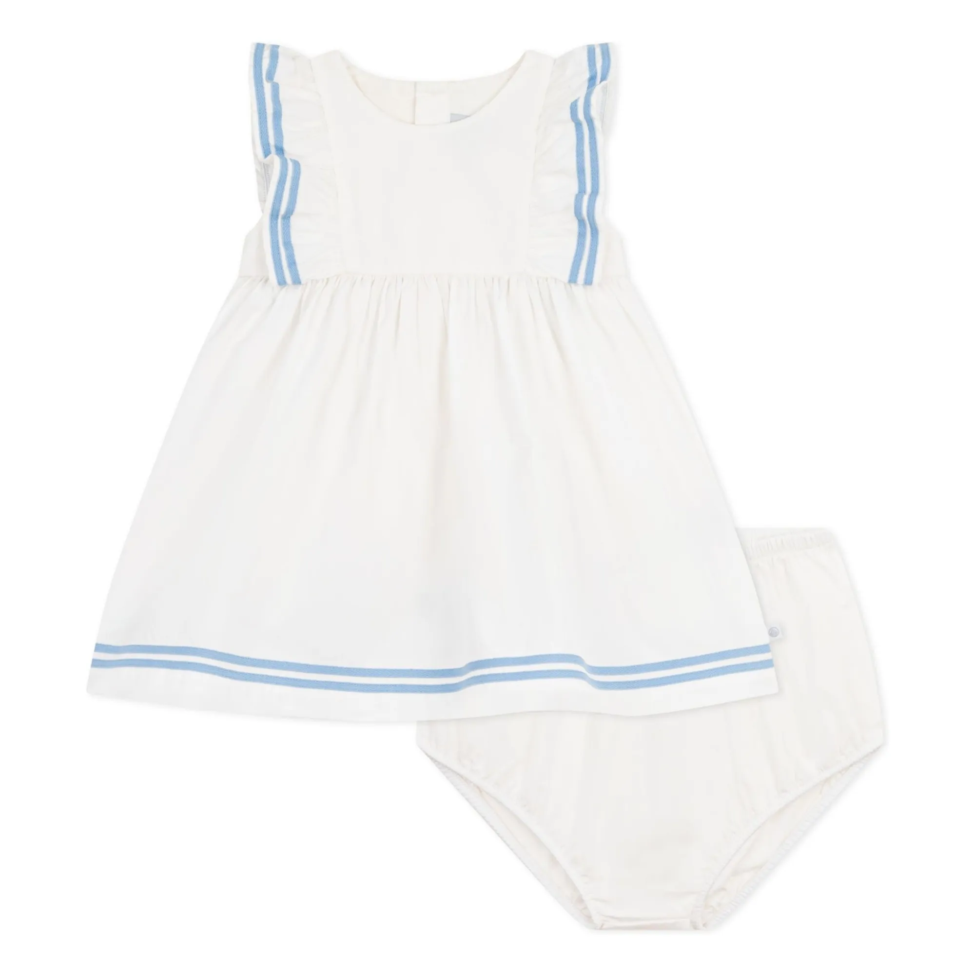 Petit Bateau Girls White Organic Cotton Poplin Marin Dress And Bloomer Set