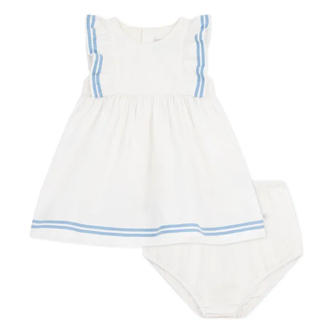 Conjunto de vestido y bombacho marinero de popelina de algodón orgánico | Blanco
