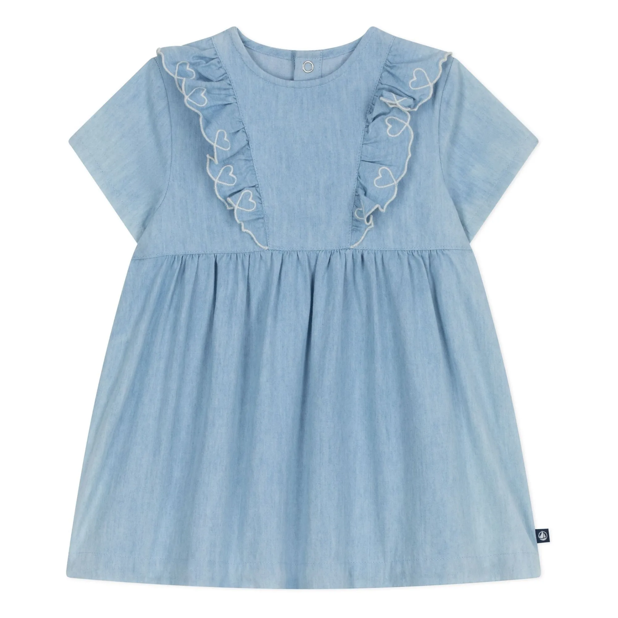 Petit Bateau Girls Light Blue Embroidered Chambray Dress