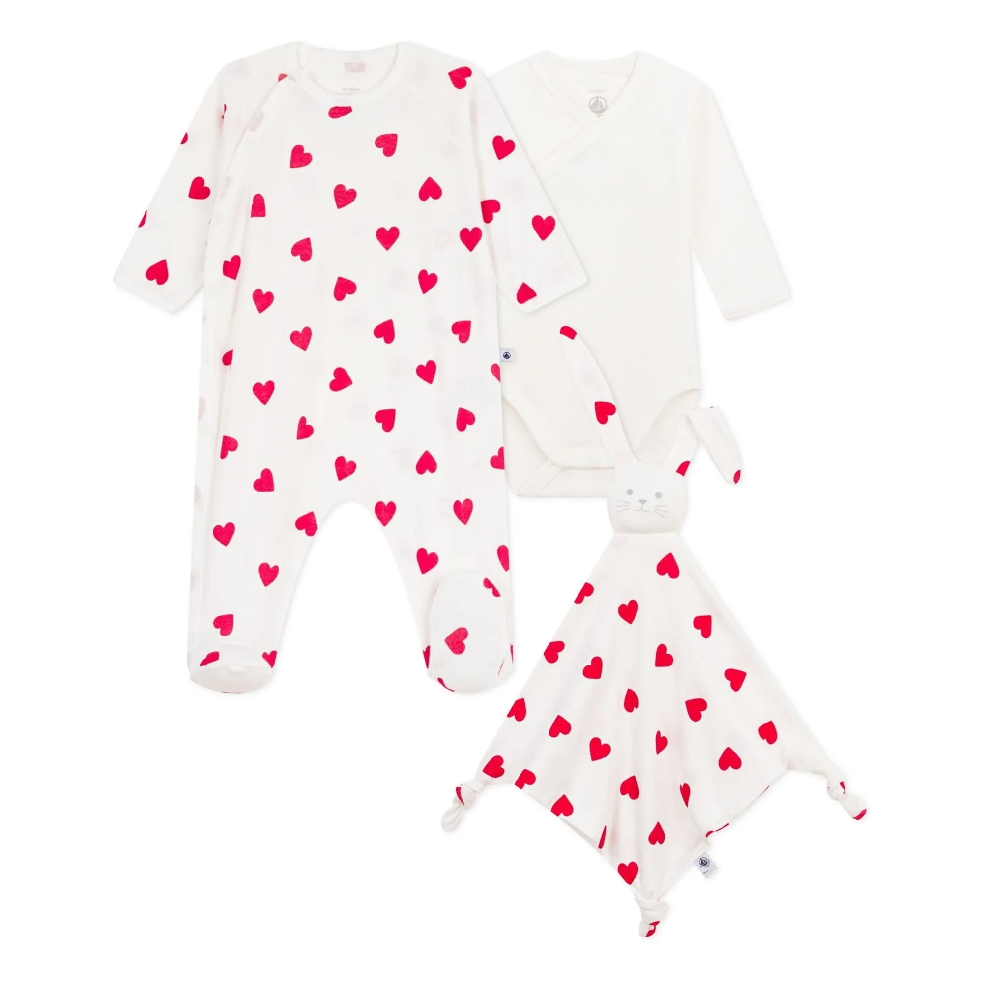 Petit Bateau White 3 Piece Pyjama Body And Cuddly Hearts Gift Set
