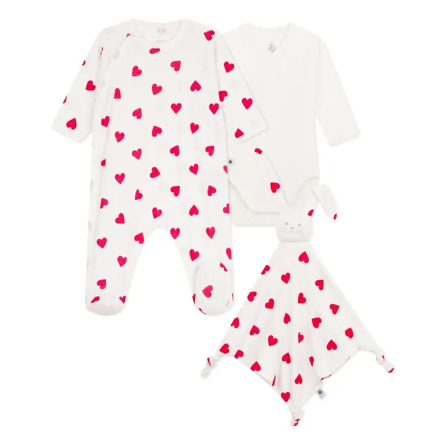 Coffret Cadeau 3 Pièces Pyjama Body et Doudou Cœurs | Blanc