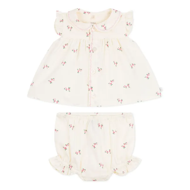 Conjunto de blusa de popelina de algodón orgánico y bloomer floral | Crudo
