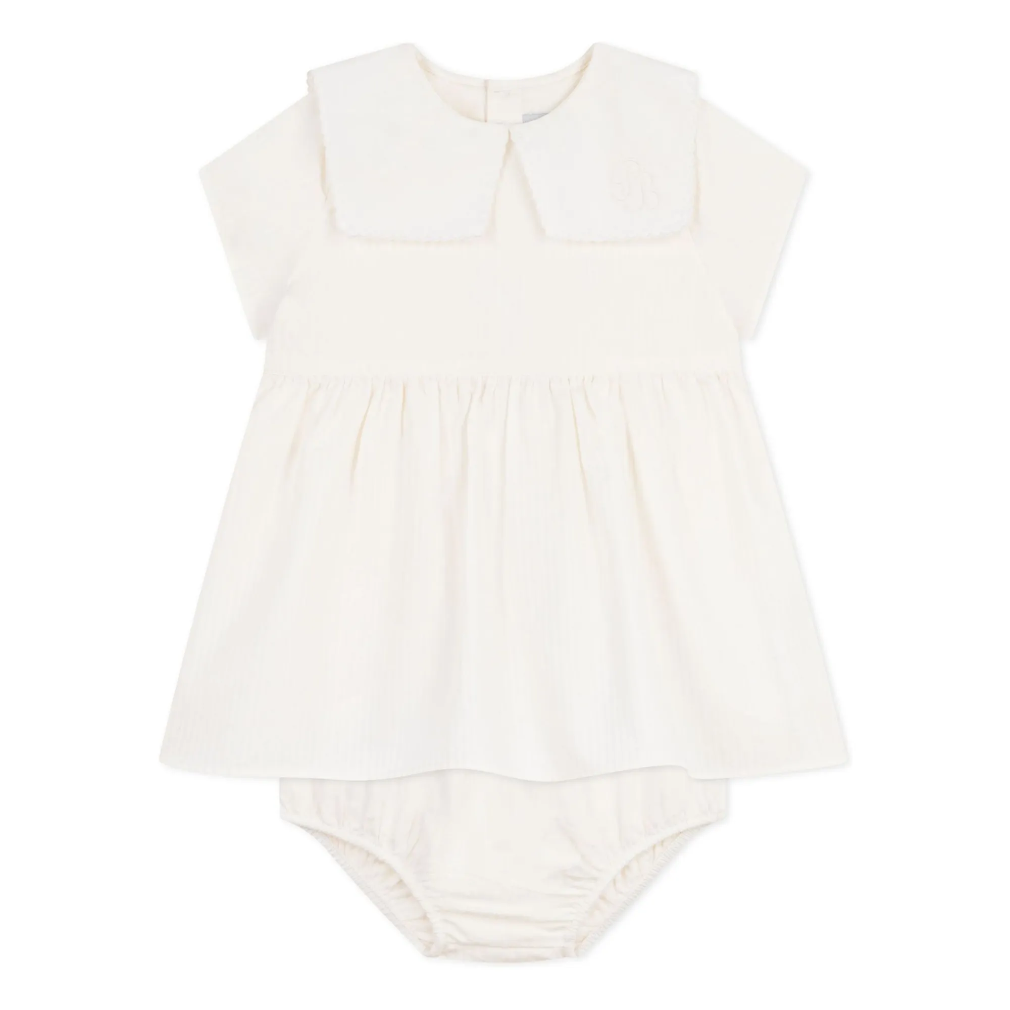 Petit Bateau Girls White Sailor Collar Dress And Bloomer Set In Linen And Organic Cotton