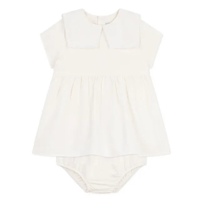 Vestido de cuello marinero y conjunto de bloomer en lino y algodón orgánicos | Blanco