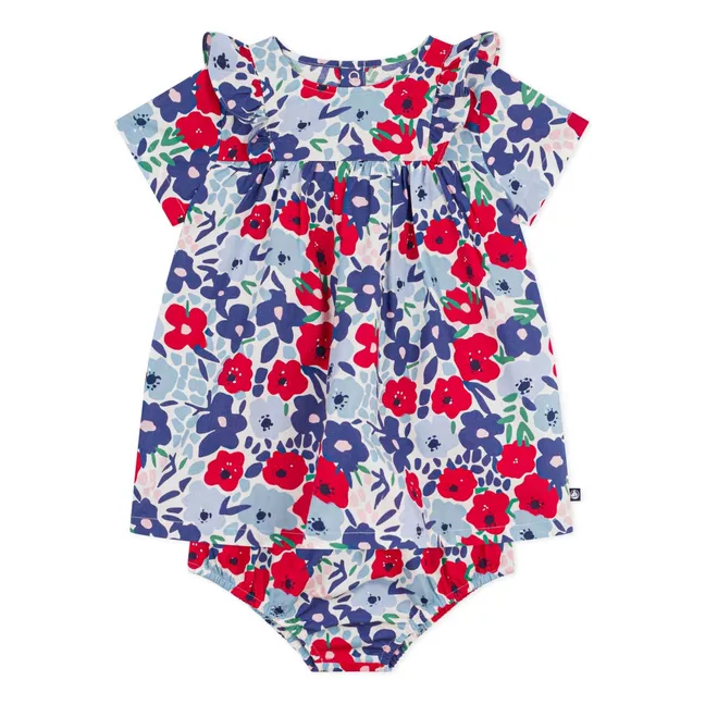 Conjunto de vestido y bloomer floral de popelina de algodón orgánico | Azul