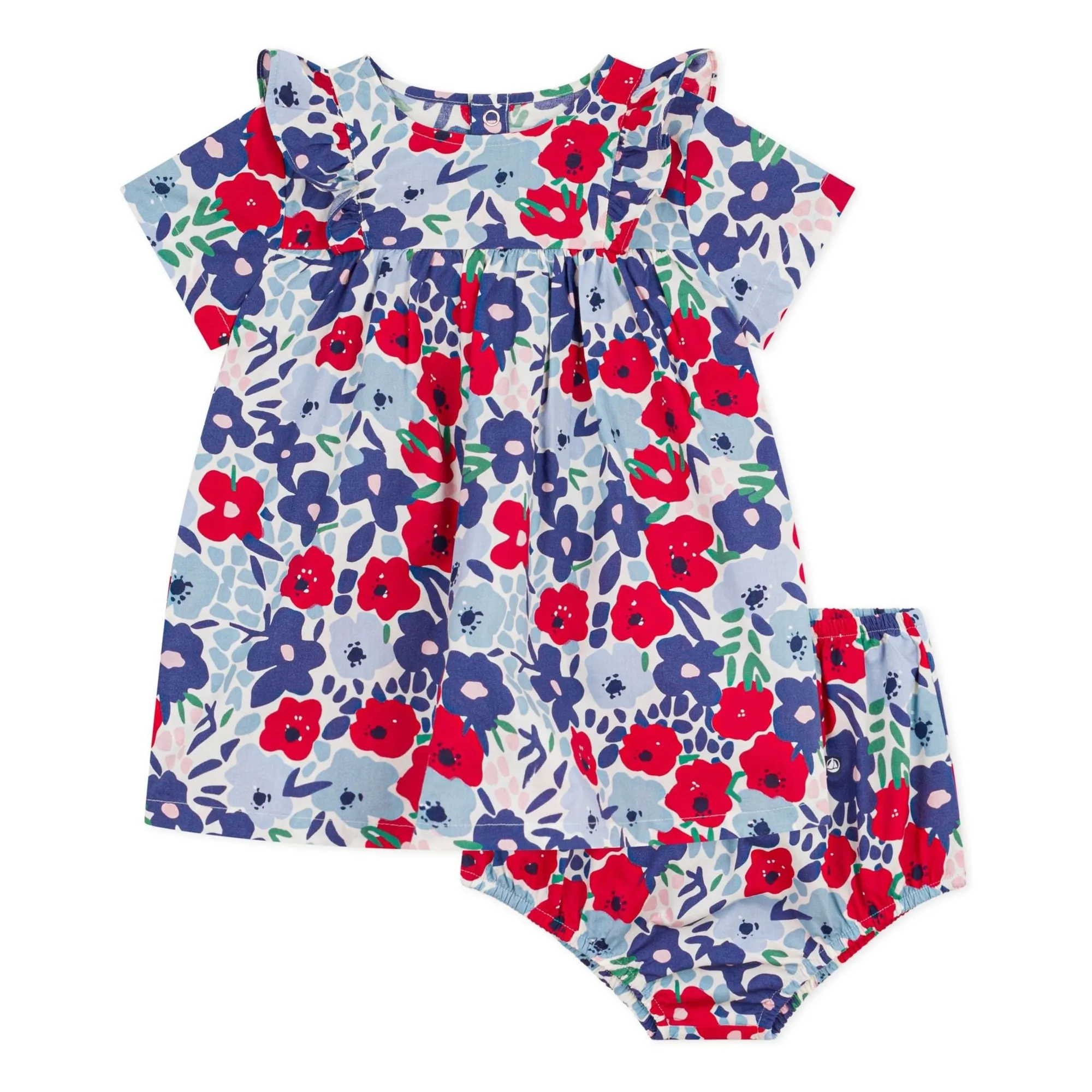 Petit Bateau Girls Blue Organic Cotton Poplin Floral Dress And Bloomer Set