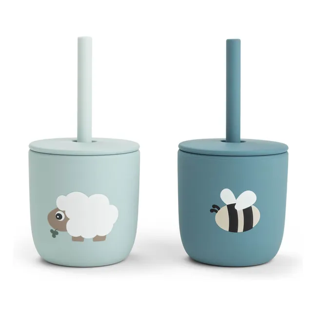 Tazas Tiny Farm con pajita - Lote de 2 | Azul
