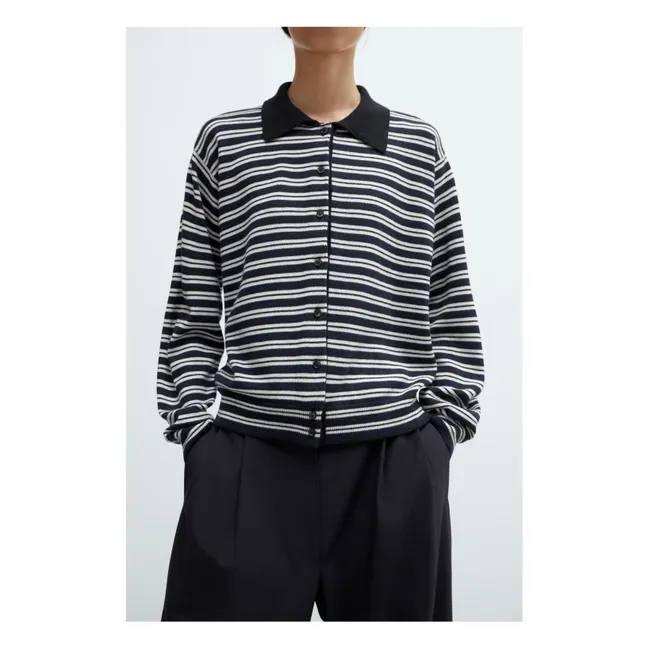 Striped Merino Wool Polo Shirt | Navy blue