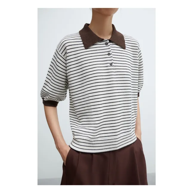 Striped Merino Wool Polo Shirt | Brown