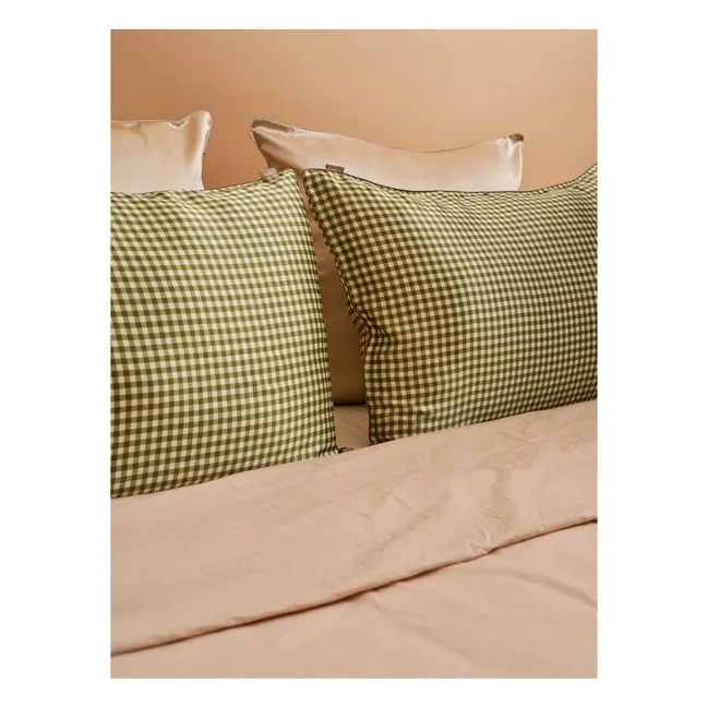 Funda de almohada de seda de morera estampada Vichy   | Kaki