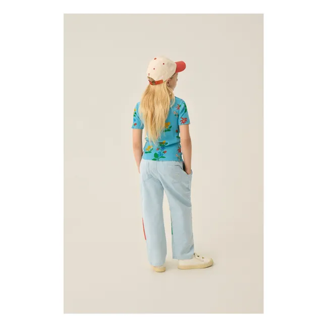 T-shirt Côtelé Fleurs | Bleu azur