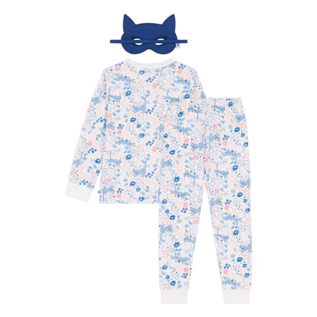 Ensemble Pyjama Fleuri et Masque Chat Coton Bio | Blanc