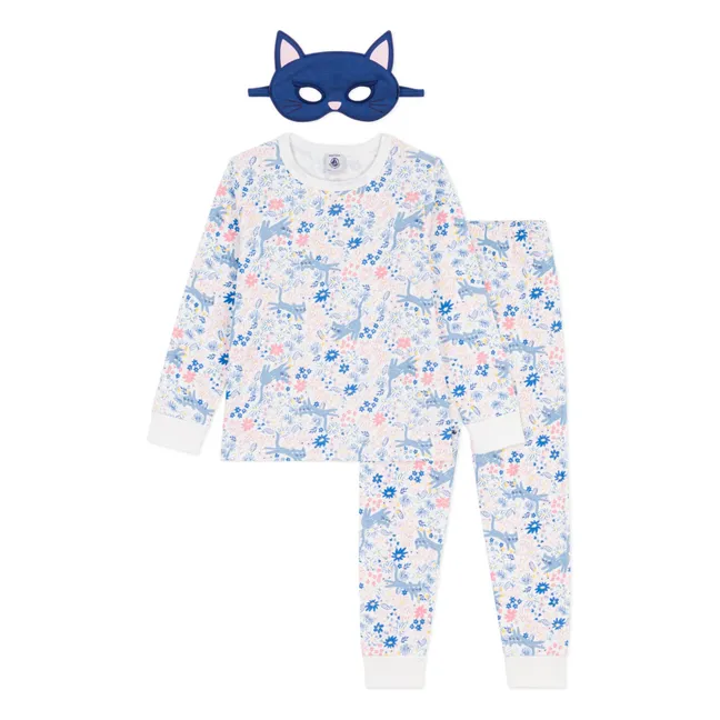 Ensemble Pyjama Fleuri et Masque Chat Coton Bio | Blanc