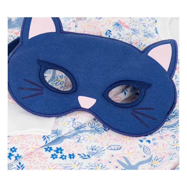 Ensemble Pyjama Fleuri et Masque Chat Coton Bio | Blanc