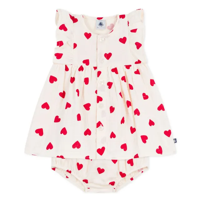 Ensemble Robe et Bloomer Cœurs Gaze de Coton Bio | Ecru