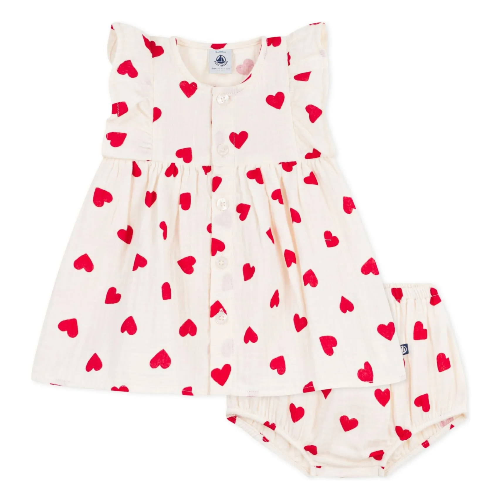 Petit Bateau Girls Ecru Organic Cotton Gauze Hearts Dress And Bloomer Set