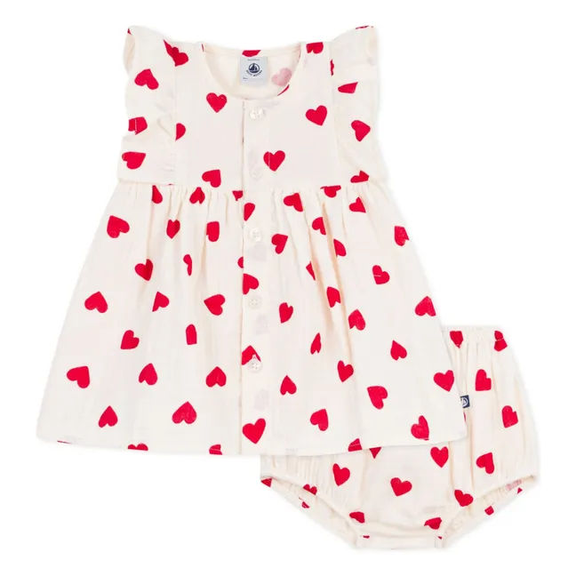 Organic Cotton Gauze Hearts Dress and Bloomer Set | Ecru