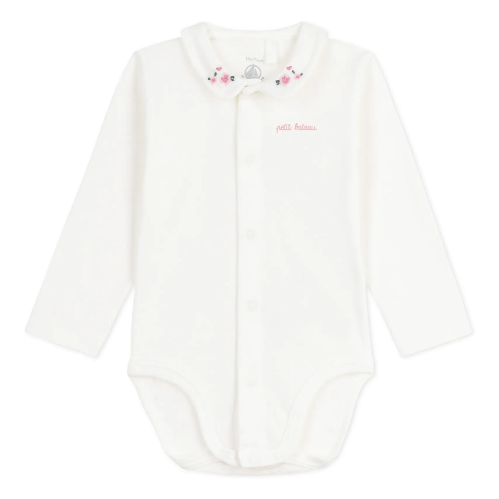 Petit Bateau Boys White Organic Cotton Floral Embroidered Collar Bodysuit