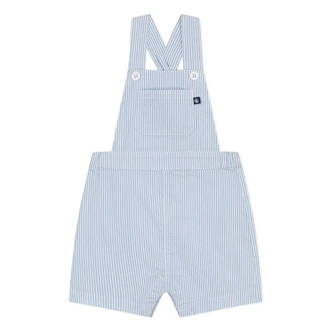 Striped Seersucker Organic Cotton Short Dungarees | Light Blue