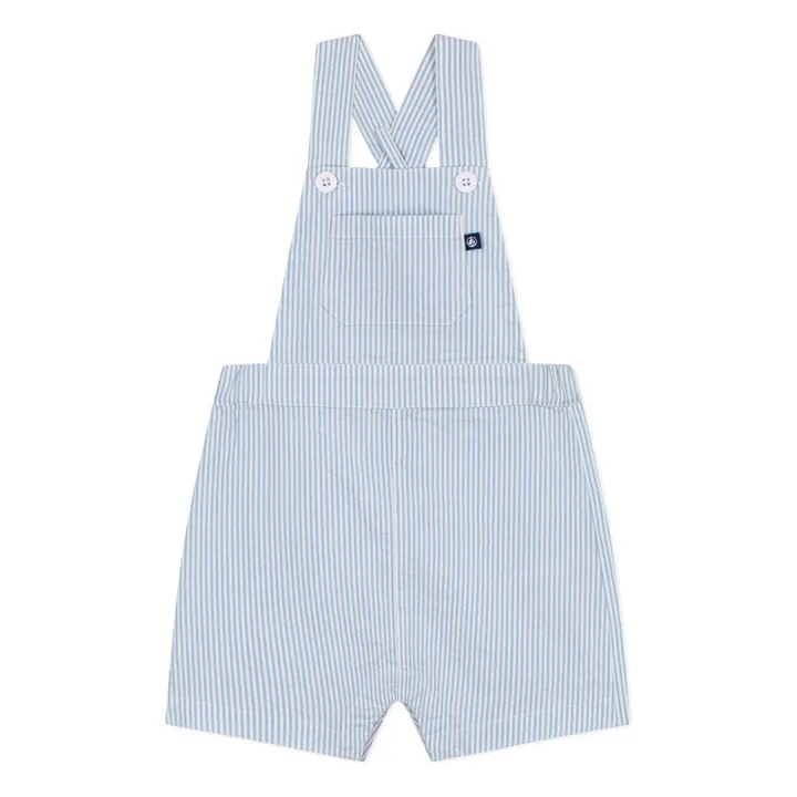 Striped Seersucker Organic Cotton Short Dungarees | Light Blue- Product image n°0