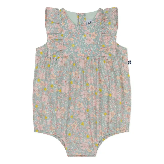 Barboteuse Fleurie Popeline Coton Bio | Bleu gris