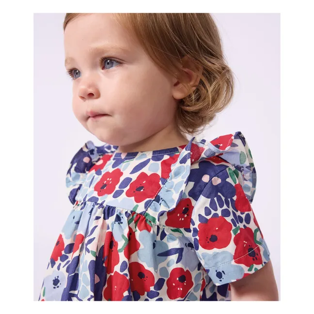Organic cotton poplin floral dress and bloomer set | Blue