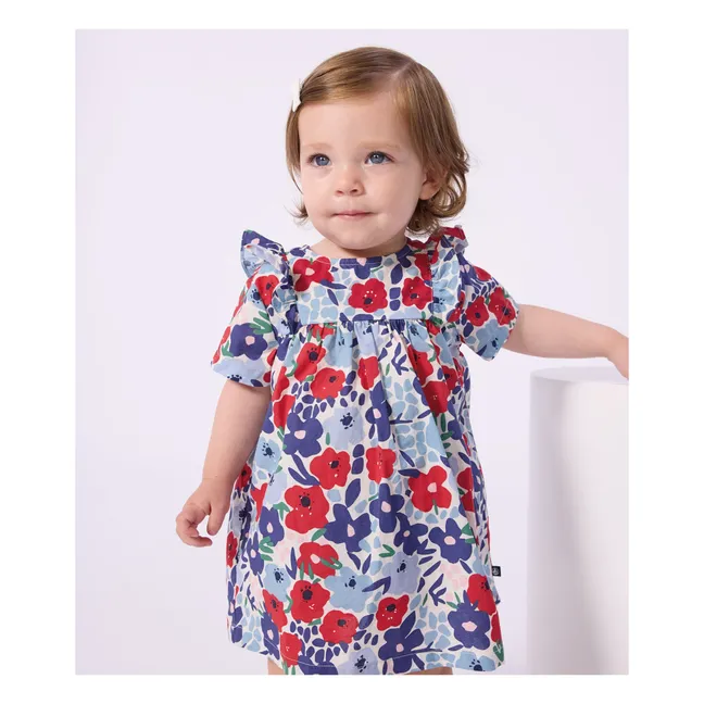 Organic cotton poplin floral dress and bloomer set | Blue