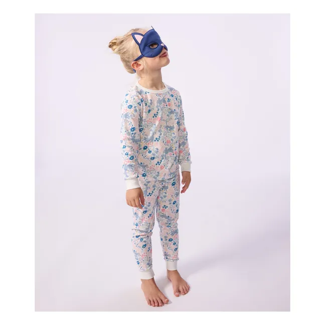 Conjunto de pijama floral y antifaz de gato de algodón ecológico | Blanco