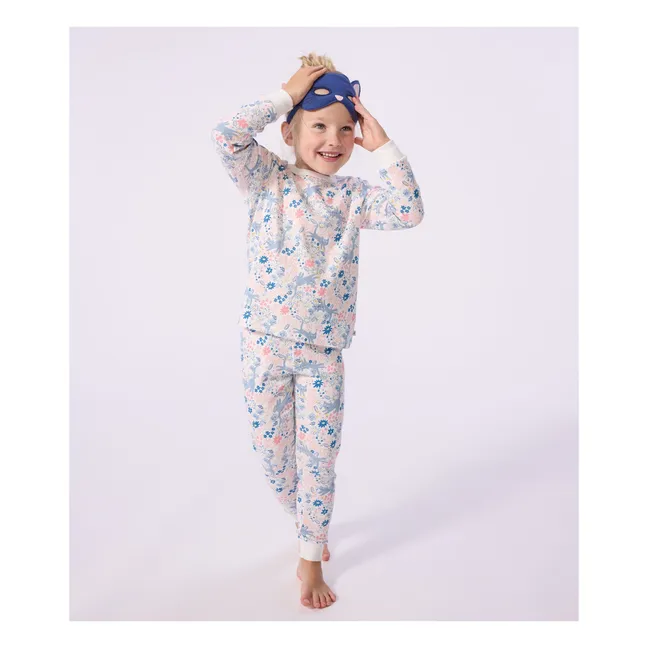 Conjunto de pijama floral y antifaz de gato de algodón ecológico | Blanco