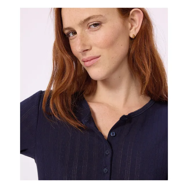 T-shirt Col Tunisien Pointelle | Bleu marine