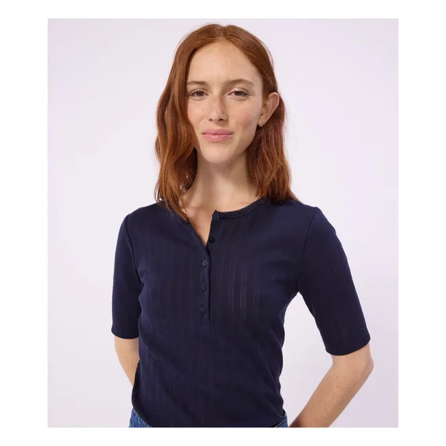 T-shirt Col Tunisien Pointelle | Bleu marine